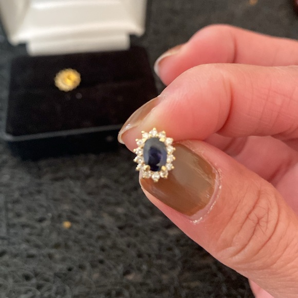 14K Gold Diamond 1.18ct Sapphire Small Halo Oval Stud Earrings - Picture 5 of 7